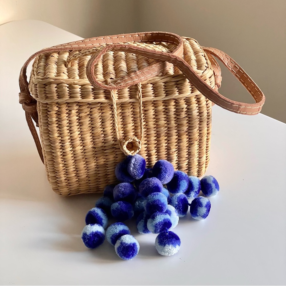 Nannacay Roge Blue Pom Straw Basket Bag